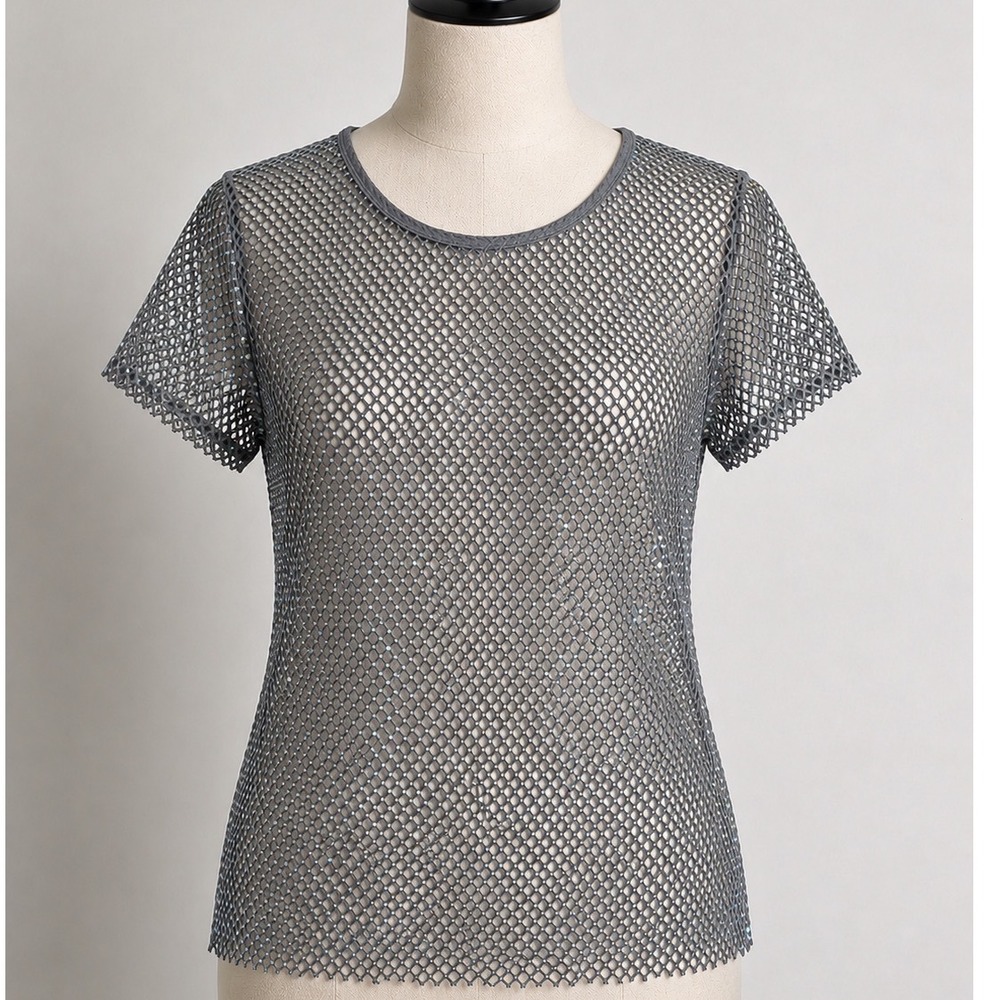 Rachel Zoe Grey Rhinestone Mesh T-Shirt‎ Womens Medium Fishnet Sheer Sparkle Top